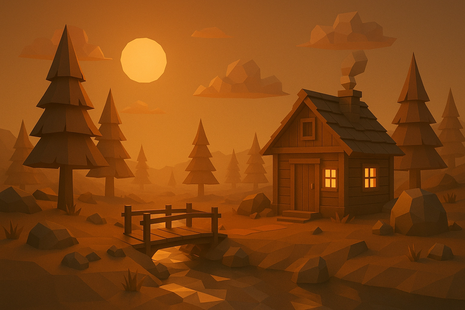Forest Cabin Sunset